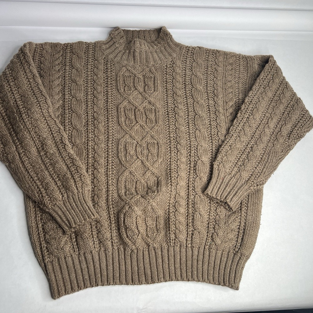 Vtg Casual Corner Womens Sweater Small Tan Taupe Mock Neck Cable Knit Crop